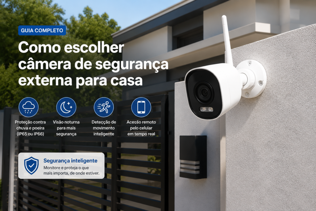 Câmera de segurança externa instalada em fachada residencial